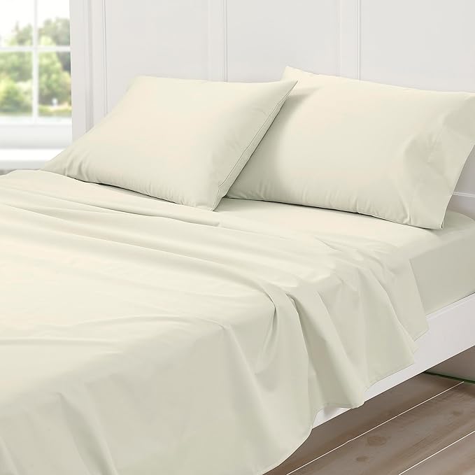 Cuddledown Dreamstead 100% Cotton Bed Sheets Set | 300 Thread Count | Luxurious Sateen Weave | Pure Combed Cotton | Soft | Wrinkle Resistant | 4 Piece Set | Birch | Queen | 60” x 80”