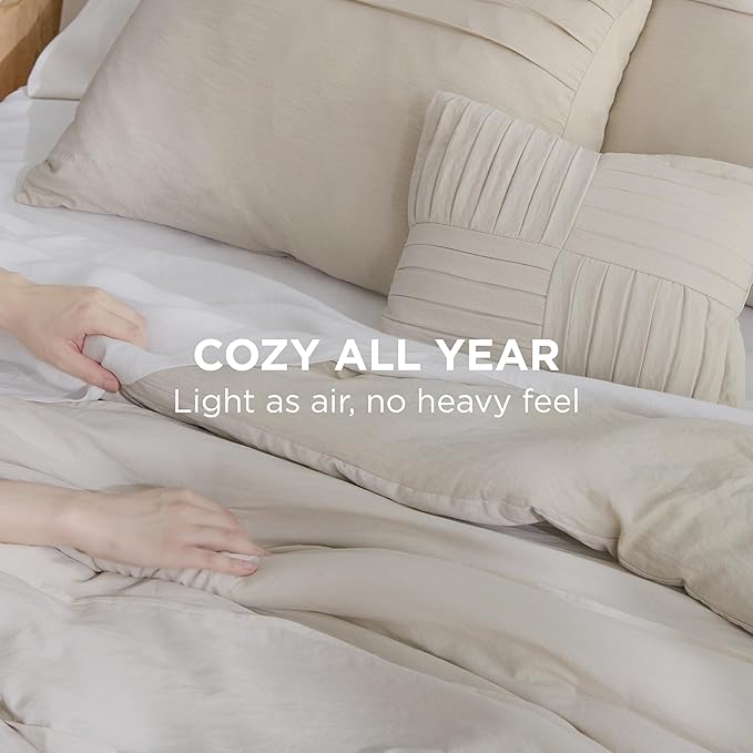 Bedsure Full Comforter Set - 4 Pieces Pinch Pleat Bed Set, Beige Boho Bedding for All Season, 1 Soft Comforter, 2 Pillowcases, 1 Decorative Pillow