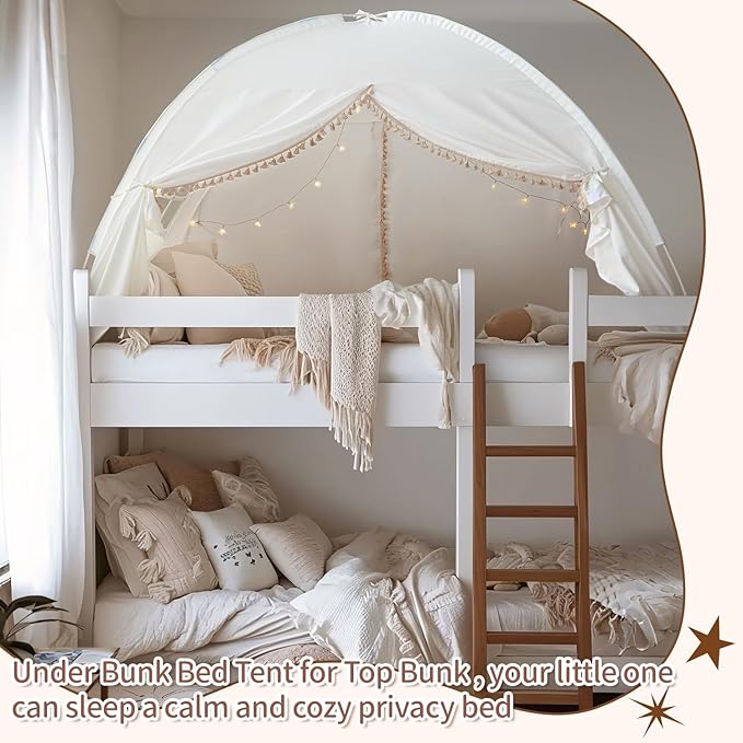 Razee Twin Bed Tent for Kids, Twin Size Toddler Canopy Indoor Princess Playhouse Privacy Tents on Bunk Bed Sleep for Girls Boys, Kid Toys for Birthday Gift, Bohemian Tassel, White