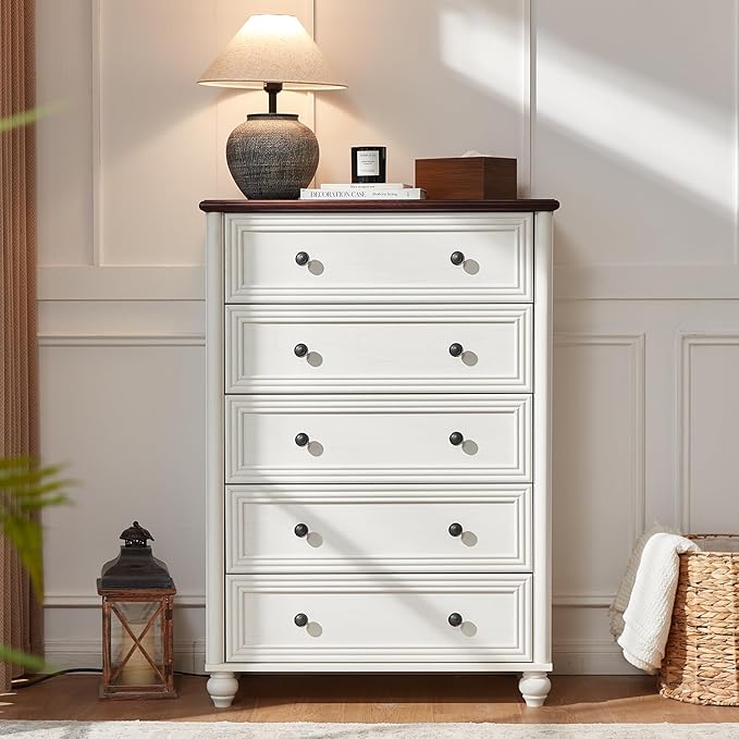 White Dresser for Bedroom, Farmhouse Tall Chest of Drawers Dresser Elegant Large Storage Dressers Organizer with Solid Wood Legs and Metal Handle Closet for Living Room, Hallway Entryway