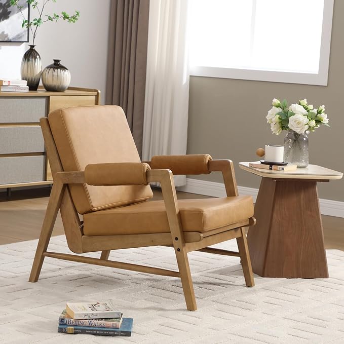 HEAH-YO Modern Accent Chair, Upholstered PU Leather Living Room Chair with Wooden Frame, Comfy Armchair with Thick Cushion for Bedroom Balcony, Brown