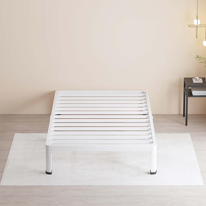 MAF 10 Inch Twin Bed Frames White with Round Corner Legs Mattress Slide Stopper No Box Spring Needed Heavy Duty Metal Platform Bed Frame Under-Bed Storage Space, 3000 LBS Steel Slats Support