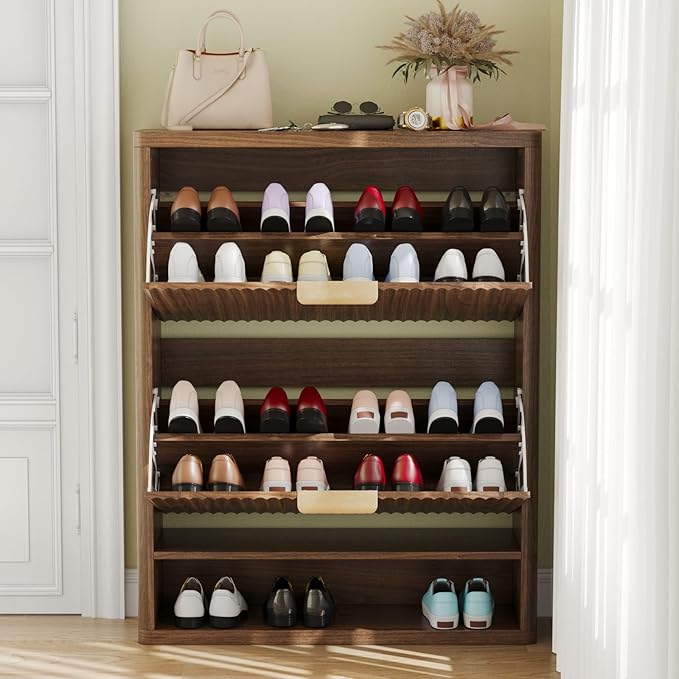 Fluted Shoe Cabinet Storage with 2 Flip Drawers, Narrow Shoe Storage Organizer for Entryway, Hidden Slim Wooden Shoe Rack Cabinet for Front Door Entrance, Hallway, Living Room (2-Drawer, Walnut)