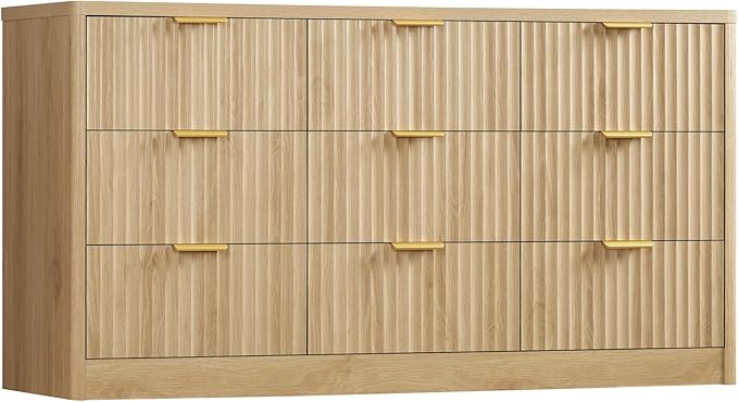TEENFON Fluted Dresser for Bedroom with 9 Drawers, 63" Wide Modern Chest of Drawers with Metal Handle & Curved Profile Design, Wood Closet Clothes Storage Organizer for Living Room, Hallway, Natural