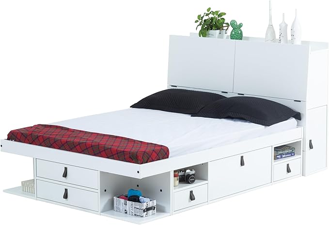 memomad Bali Set: Storage Platform Bed with Drawers + Bookcase Headboard (Full Size, White Wood)