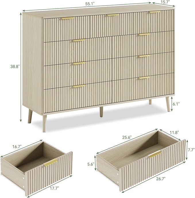 LYNSOM Fluted 9 Drawer Dresser for Bedroom, 55" Wide Modern Chest of Drawers with Curved Profile Design and Metal Handles, Wood Dresser TV Stand & Storage Organizer for Bedroom, Hallway, Beige