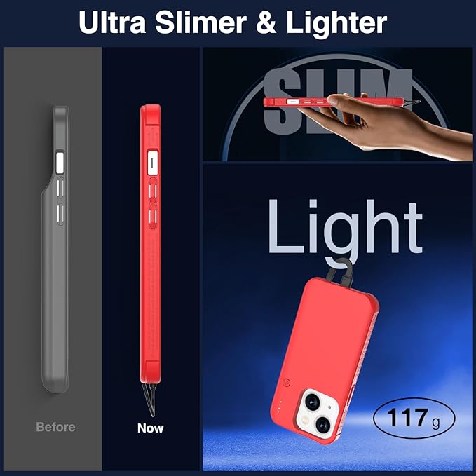 GIN FOXI Fast Charging Battery Case for iPhone 15/15 Pro, 7000mAh 15W Ultra Slim Charger Case Rechargeable Portable Extended Power Bank Case Cover Battery Pack Built-in Cable, Red (6.1”)