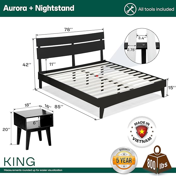 Acacia Aurora King Solid Wood Bed Frame with Headboard – Gift Matching Nightstand Included, Mid-Century Modern Farmhouse, Black Ristretto, 800 lbs Capacity, Sturdy, No Box Spring, Easy Assembly
