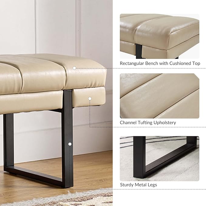 HULALA HOME 53" Faux Leather Entryway Bench, Button Tufted End of Bed Bench Ottoman for Bedroom, Living Room with Metal Base,Beige