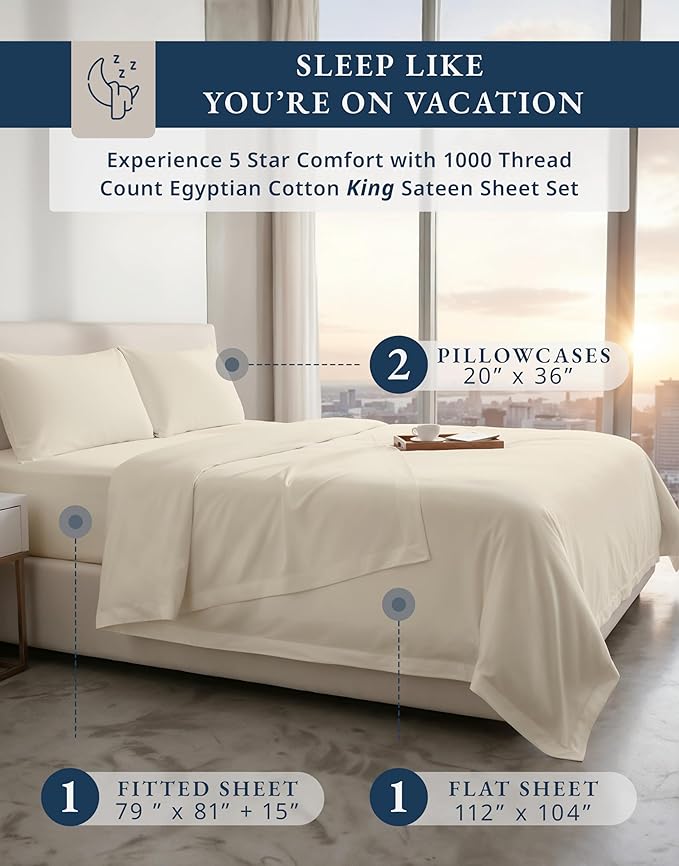 100% Egyptian Cotton King Size Sheets Set – Luxury 1000 Thread Count Ultra Soft & Durable Christmas Sheets King Size, Silky Sateen Weave, Snug Fit 15" Deep Pocket, Hotel Comfort at Home - Ivory