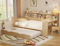 Merax Twin Size Corner Bed Frames with Desk and Trundle & Storage Shelves Headboard, Pinewood U-Shaped Captain Daybed for Small Room, Bedroom, Guest Room, Kids' Room, Natural