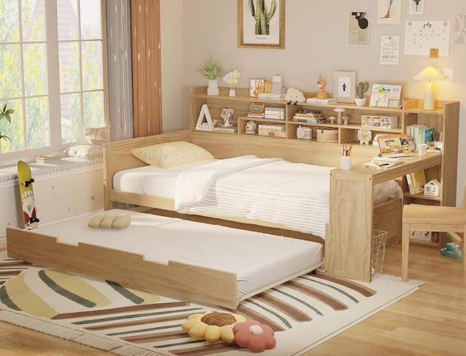 Merax Twin Size Corner Bed Frames with Desk and Trundle & Storage Shelves Headboard, Pinewood U-Shaped Captain Daybed for Small Room, Bedroom, Guest Room, Kids' Room, Natural