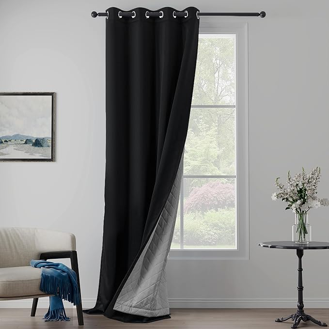 3-in-1 Blackout Curtains Soundproof Noise Reduction Curtains Black Thermal Insulated Drapes for Winter Room Divider Grommet Curtains for Living Room Bedroom (1 Panel, Black, 50" x 108")