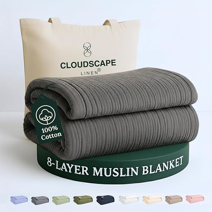 Cloud Scape Linen 8-Layer Muslin Blanket Queen Size - 100% Cotton, Soft and Breathable, Oversized Winter Blanket, Fits up to Full Size Bed, 92x92, Dark Grey