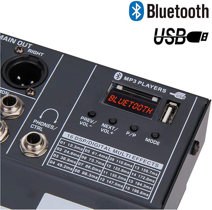 Boytone BT-60MX, 6 Channel Bluetooth Audio Mixer - DJ Sound Controller, USB MP3 Player, 4 XLR Microphone Jack, 7 Band EQ, 16 DSP Digital Multi Effects Processor, RCA IN-OUT Jack, 48V Phantom Power