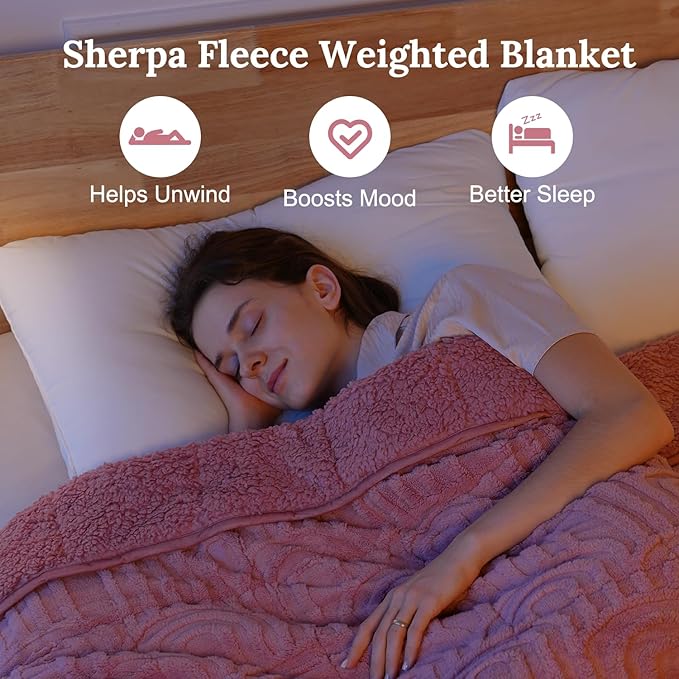 Sherpa Fleece Adult Weighted Blanket Great for Sleep, 15 lbs Dual Sided Soft Fuzzy Heavy Blankets for Couch Bed Sofa, Cozy Warm Arched Jacquard Throw for Winter (Apricot Pink, 60" x 80", 15 Pounds)
