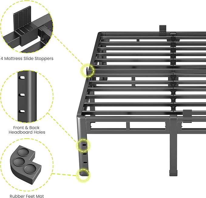 NKZ Queen Size Bed Frame 16 Inch, Metal Bed Frame & Box Spring 2 in 1 Platform with Round Corner Legs, 4000lbs Weight Capacity Reinforced Metal Frame, Headboard Hole, Noise-Free, Easy Assembly