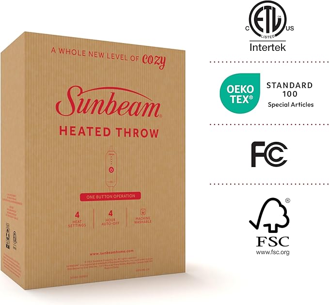 Sunbeam Electric Throw Royal Luxe Microplush Heated Blanket, 4 Heat Settings, 4-Hour Auto Shut-Off, Fast Heating, Warm and Cozy, Cabernet Red Color, 50" x 60"