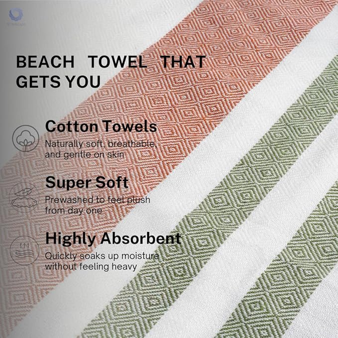 Cotton Turkish Beach Towel with Towels Oversized 36"x72" Pool Absorbent Extra Large Quick Dry Sand Travel Towel (Kavee Mist, 2 Pack)