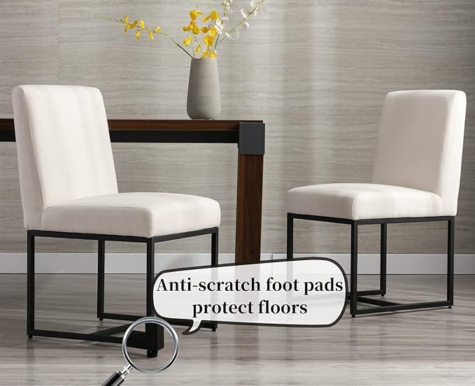 CIMOTA Modern Linen Dining Chair Set of 8, Mid Century Dining Room Chairs Fabric Upholstered Armless Side Chair with Black Sled Base for Dining Room, White Cream 8PCS