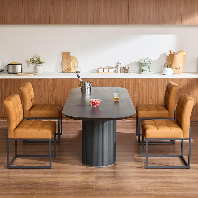 Brown Faux Leather Dining Chairs Set of 4, Mid-Century Modern Dining Room Chairs with Armless, Checkered Kitchen Chair with Metal Legs