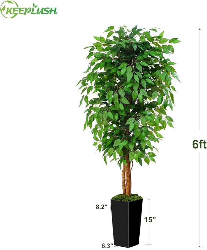 6ft Ficus Artificial Tree with 3 Natural Curved Trunks, 74" Tall Lush Faux Tree for Home Decor Indoor, Green Lifelike Fake Ficus Tree with Black Planter Pot