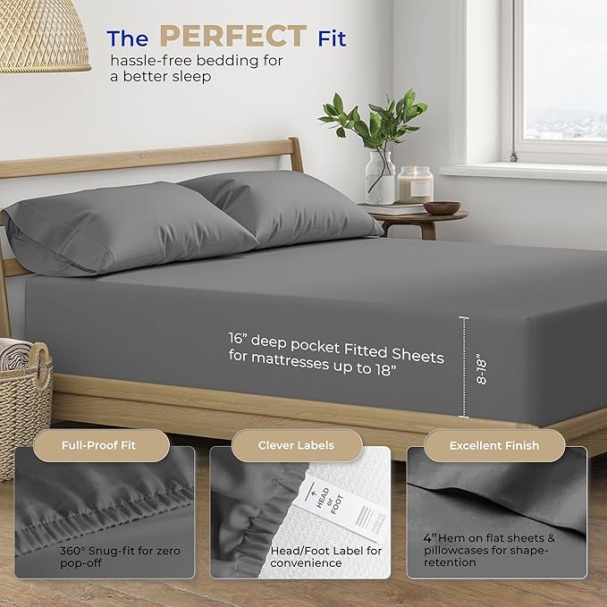 THREAD SPREAD 2-Pack King Size Sheets Set - 400 Thread Count 100% Cotton Sateen Weave - Extra Soft, Breathable, Hotel Quality Cooling Sheets, 2 Sets of King Size Deep Pocket Bed Sheets (Dark Grey)