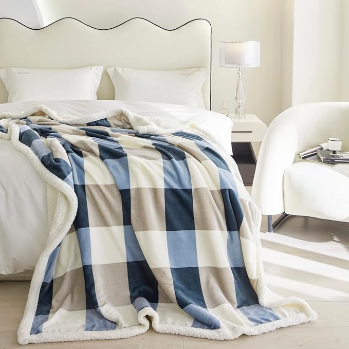 Blanket for Women, Sherpa Throw Blanket for Couch, Flannel Cozy Soft Blanket for Bed - Fleece, Gray-Soft Blue, 80x90 Inches