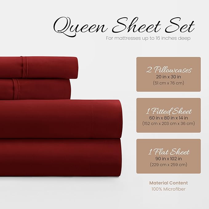 Linen Market Brushed Microfiber Queen Sheet Set 4 Piece – Oeko-TEX Certified Ultra Soft & Wrinkle-Free - 16" Deep Pocket Sheets - Easy Care Queen Size - Burgundy