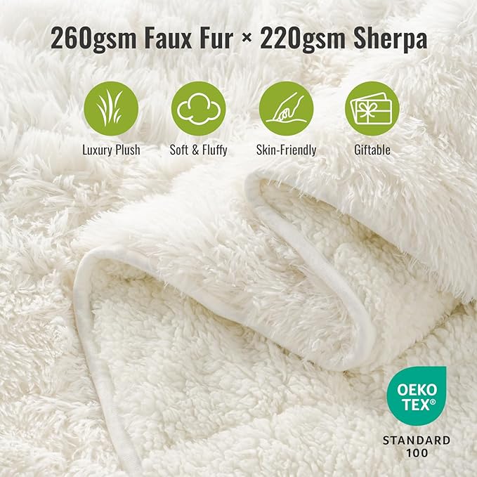 Uttermara Faux Fur Weighted Blanket 20lbs, Super Soft Plush Fleece and Cozy Sherpa Reverse, Shaggy Long Fur Throw Blankets 60"x80" Cream