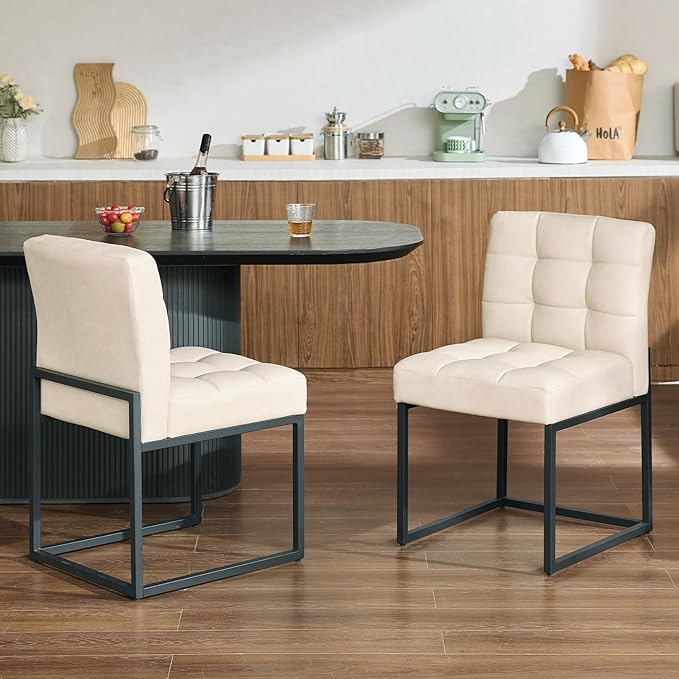 Beige Faux Leather Dining Chairs Set of 2, Mid-Century Modern Dining Room Chairs with Armless, Checkered Kitchen Chair with Metal Legs