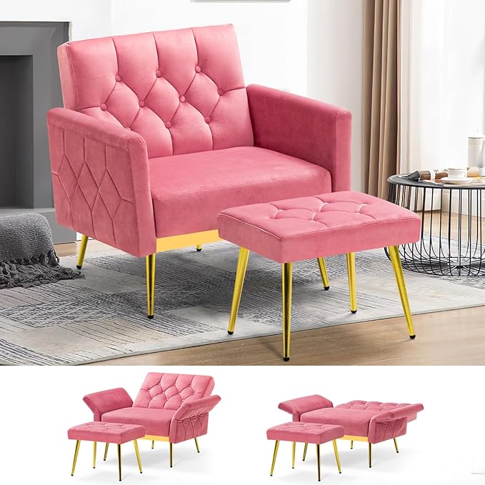 Velvet Accent Chair w/Adjustable Armrests and Backrests, Tufted Single Sofa with Ottoman, Upholstered Reading Chiar for Living Room, Apartment, Bedroom, Pink
