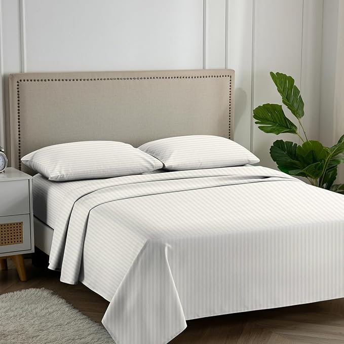 Carressa Linen Luxury Egyptian Cotton California King Stripe Sheet Set, 600 Thread Count Extra Long Staple 4 PC Set, Cal King Stripe Sheets, Soft, Cooling Striped Sheets 16 in Deep Pocket - Ivory