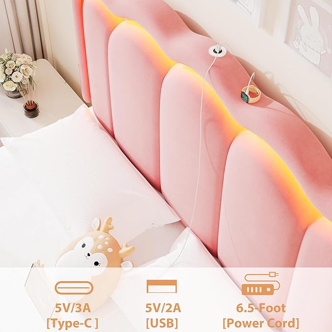 Velvet Upholstered Full LED Bed Frame with 2 Storage Drawers and Adjustable Chic Double Wavy Headboard, Princess Platform Bed with Charing Station, Solid Wood Slats Support,No Box Spring Needed,Pink