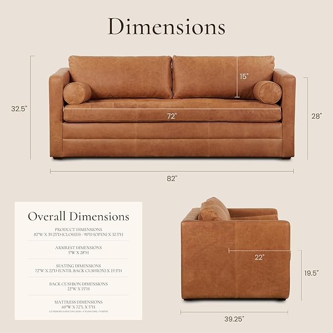 POLY & BARK Napa 82" Leather Pull‑Out Sleeper Sofa – Full‑Grain Italian Leather Upholstery,Tri‑Layer Mattress & Storage Console –Sophisticated Multi‑Functional Sofa Bed for Living Rooms & Guest Spaces