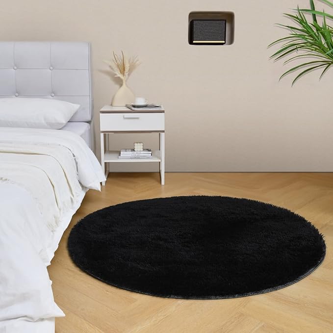 duduta Black Fluffy Round Rug 4x4 ft, Shag Fuzzy Plush Circle Throw Rug for Nursery Bedroom Living Room Home Decor