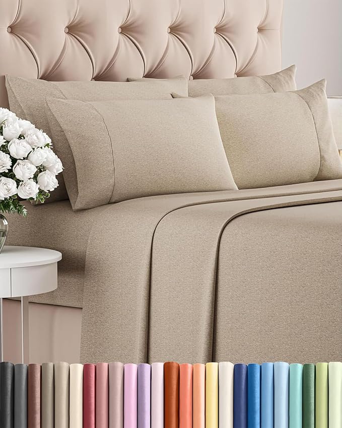 Cal King 6 Piece Sheet Set - Cooling & Breathable - Hotel Luxury Bedding, Includes Fitted Sheet for Women, Men, Kids & Teens - 1 Flat, 1 Fitted Sheet, 4 Pillowcases w/Deep Pockets - Heathered Beige