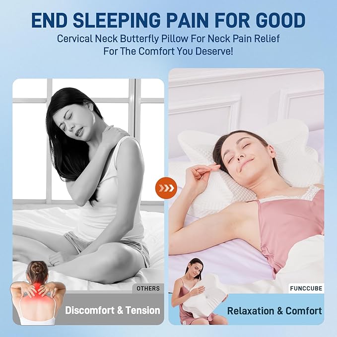Cervical Neck Pillow for Sleeping, Dual Height Contour Memory Foam Pillow for Neck Pain Relief & Support, Orthopedic Butterfly Pillow for Side, Back & Stomach Sleepers – Cooling Washable Cover (white)