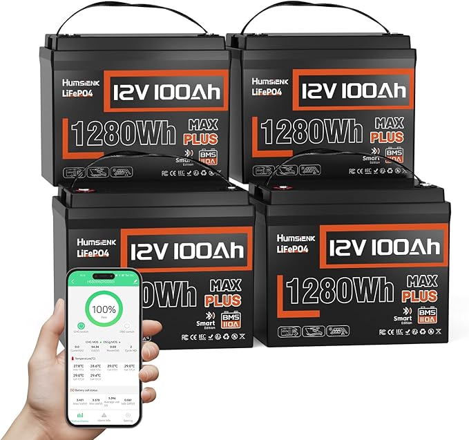 4 PCS 12V 100Ah LiFePO4 Lithium Battery MAX PLUS, Built-in 110A BMS & Bluetooth 5.0, 15000+ Deep Cycles Lithium Batteries, Max.1280Wh, 10-Year Lifespan for RV, Marine