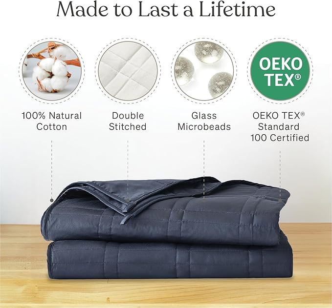 Baloo Weighted Blanket for Adults 12 lb Throw (Navy Blue, 42"x72") | Cool & 100% Cotton | Machine Washable & Dryer Safe | Glass Microbead Fill