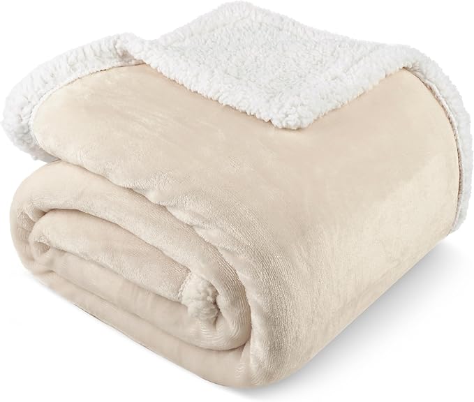 PAVILIA Sherpa Fleece Throw Blanket for Couch, Cream Beige, Plush Soft Fuzzy Sofa Blanket, Cozy Reversible Winter Throw for Women Men, 50x60 Inches