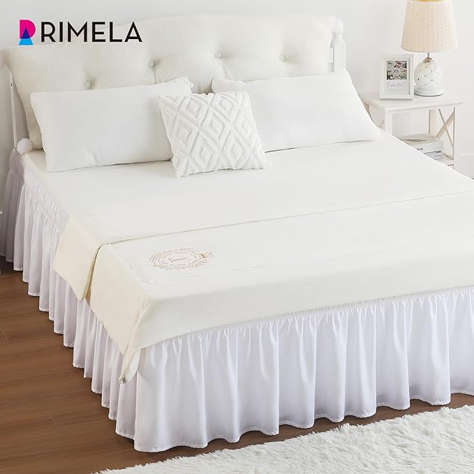 RIMELA Bed Skirt King Size White Bed Skirt 25 Inch Drop, Wrap Around Elastic Adjustable Bedskirt, Dust Ruffle for Bed Frame & Box Spring Soft Durable Fabric Machine Washable Easy to Install