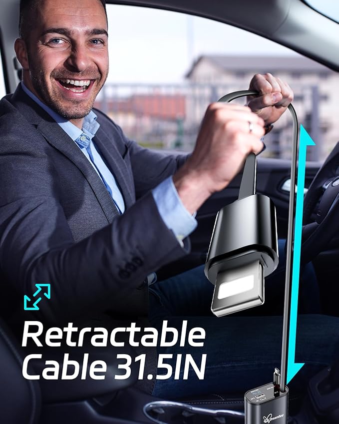 DreamBee Retractable Car Charger,66W 4 in 1 Super Fast Charge Car Phone Charger,Gifts for Men Women Car Truck Accessories for iPhone 15/14/13/12 Pro Max XR,iPad,Samsung,Pixel