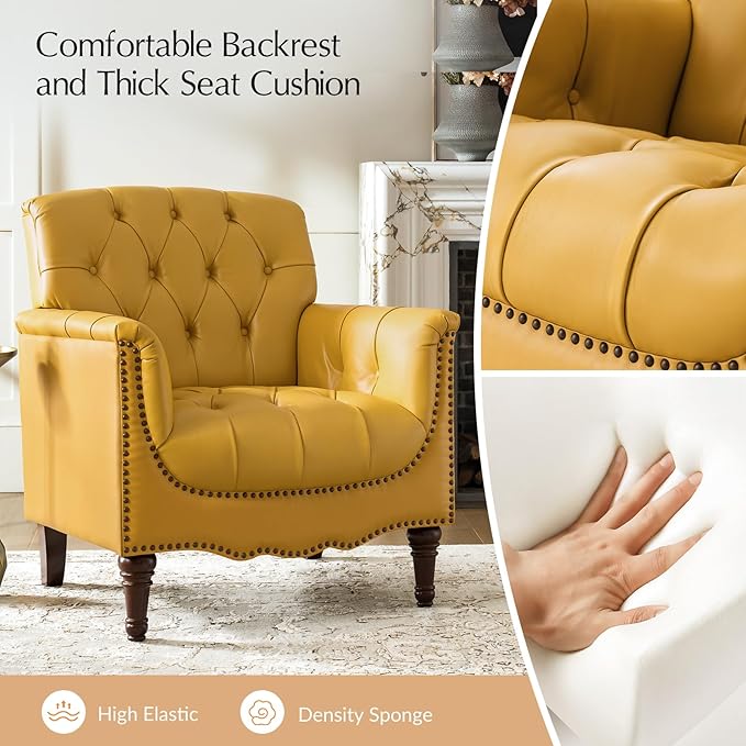 HULALA HOME Mid Century Modern Leather Club Chairs Set of 2, Top-Grain Genuine Leather Armchairs with Button-Tufted Back & Solid Wood Legs, Accent Chairs for Living Room/Bedroom/Home Office, Yellow