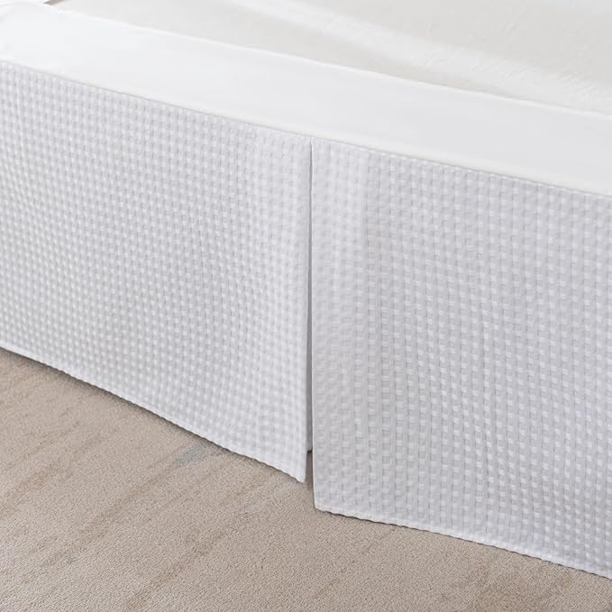 King Bed Skirt, Wrap Around Bed Skirt with Pleated Corner, 14 Inch Drop Pleated Waffle Weave Bedskirts, Anti-Slip, Microfiber, White, 14'' King
