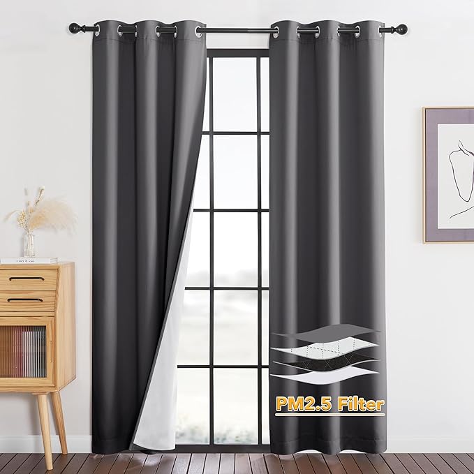 RYB HOME PM 2.5 Filter Curtains for Living Room/Bedroom, Soundproof Blackout Large Window Curtains for Dust Sandstorms Smog Pollen Odor Filtering, Grey, W42 x L84 inch, 2 Panels