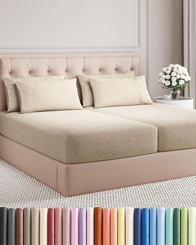 Split King 7 Piece Sheet Set - Cooling & Breathable - Hotel Luxury Bedding Includes Fitted Sheets for Women, Men, Kids, Teens - 1 Flat, 2 Fitted Sheets, 4 Pillowcases w/Deep Pockets - Heathered Beige