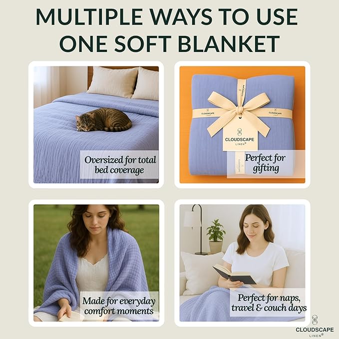 Cloud Scape Linen Extra Large 8 Layer Muslin Throw Blanket - 100% Cotton Gauze, Soft and Breathable, Winter Blanket for Couch, Sofa and Bed, Idea, 50x70, Lavender Blue