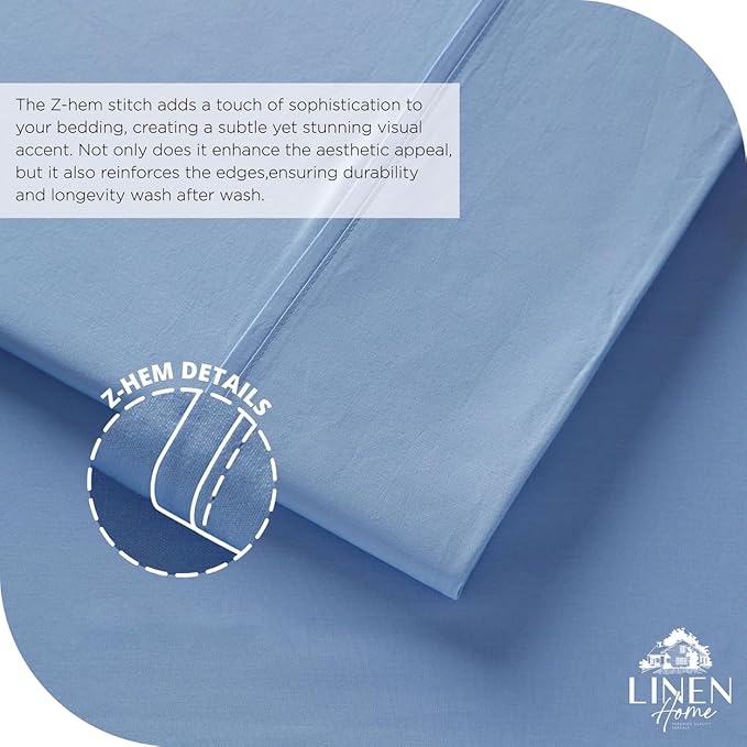 Linen Home 100% Cotton Percale Sheet Set, Full Size, Baby Blue, Deep Pocket, 6 Pieces Set - 1 Flat, 1 Deep Pocket Fitted Sheet and 4 Pillowcases, Crisp Cool and Strong Bed Linen