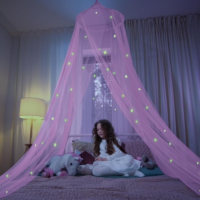 Pink Bed Canopy for Girls with Glowing Stars - Premium Canopy Bed Curtains | Fits Single, Twin, Full, Queen Size Kids Bed, Princess Netting Room Decor, Ceiling Tent to Cover Toddler, Canopy for Bed